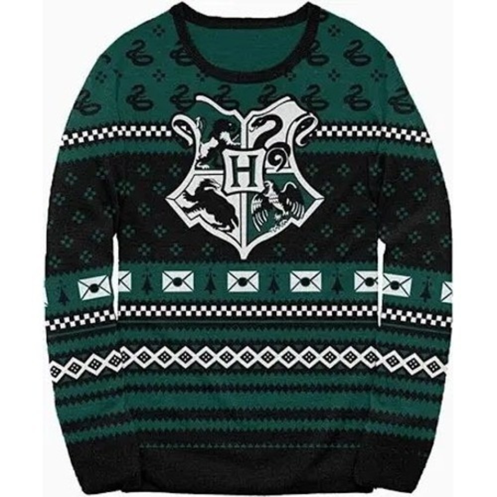 Harry Potter Slytherin Hogwarts Crest Knit Holiday Sweater Green Black XL
